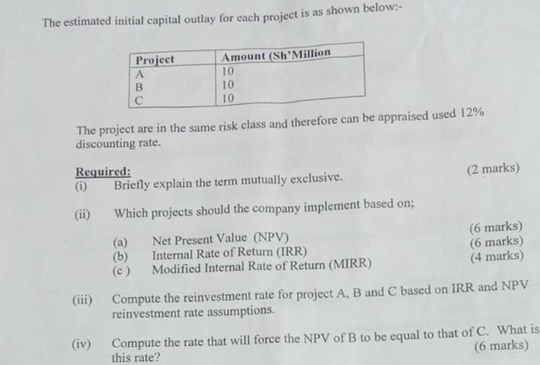 The estimated initial capital outlay for each project is as shown below:- Required: (i) (ii) The project are