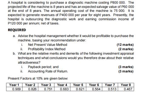 A hospital is considering to purchase a diagnostic machine costing P800 000. The projected life of the