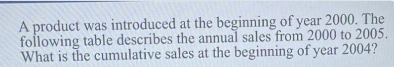 A product was introduced at the beginning of year 2000. The following table describes the annual sales from