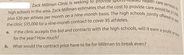 lth care services to Zack Millman Clinic is seeking to provide plus $20 per athlete per month on a nine-month