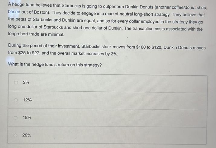 A hedge fund believes that Starbucks is going to outperform Dunkin Donuts (another coffee/donut shop, based