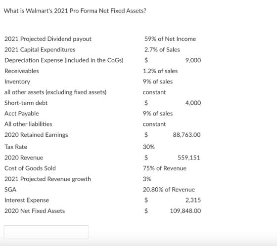 What is Walmart's 2021 Pro Forma Net Fixed Assets? 2021 Projected Dividend payout 2021 Capital Expenditures