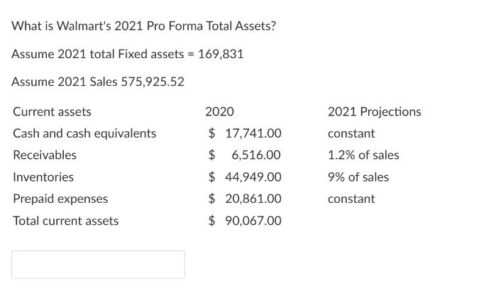 What is Walmart's 2021 Pro Forma Total Assets? Assume 2021 total Fixed assets = 169,831 Assume 2021 Sales
