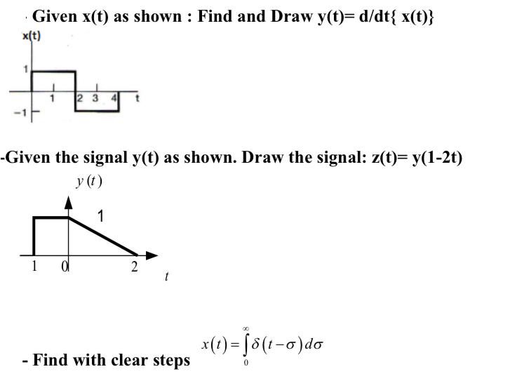 Given x(t) as shown: Find and Draw y(t)= d/dt{ x(t)} x(t) 23 -Given the signal y(t) as shown. Draw the