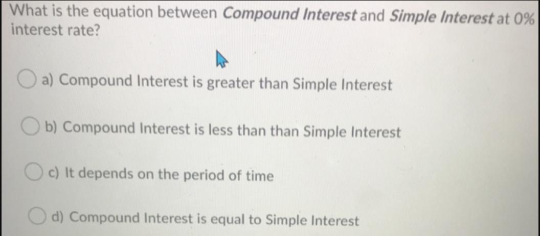 What is the equation between Compound Interest and Simple Interest at 0% interest rate? a) Compound Interest