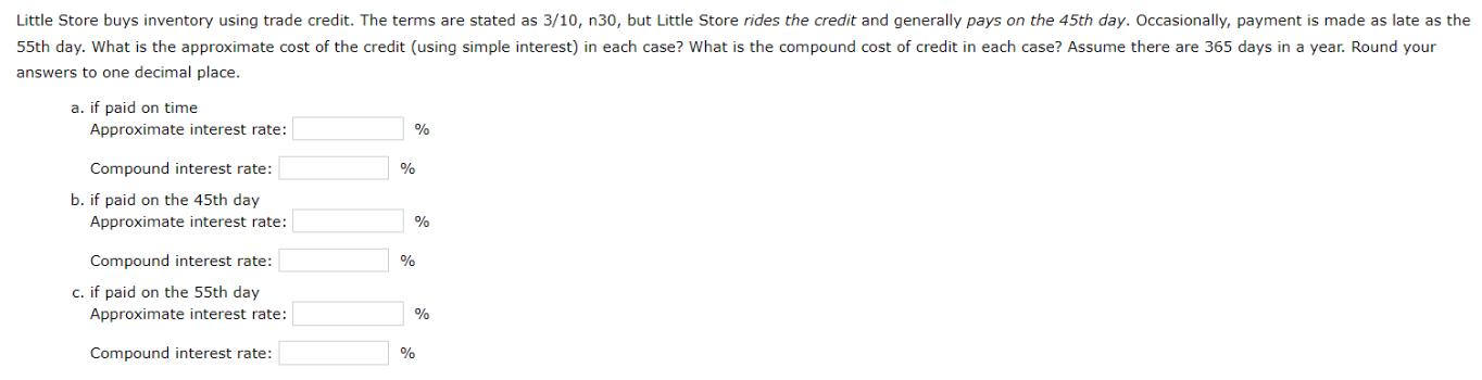 Little Store buys inventory using trade credit. The terms are stated as 3/10, n30, but Little Store rides the