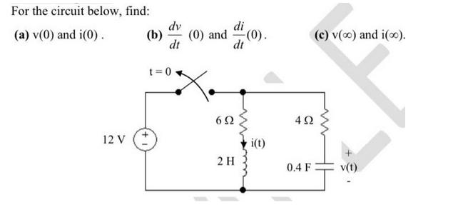 For the circuit below, find: (a) v(0) and i(0) . dv dt (b) (0) and (0). di dt t=0 12 V (+ 692 2 H i(t) (c)