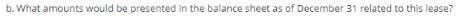 b. What amounts would be presented in the balance sheet as of December 31 related to this lease?