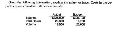 Given the following information, explain the salary variance. Costs in the de- partment are considered 50