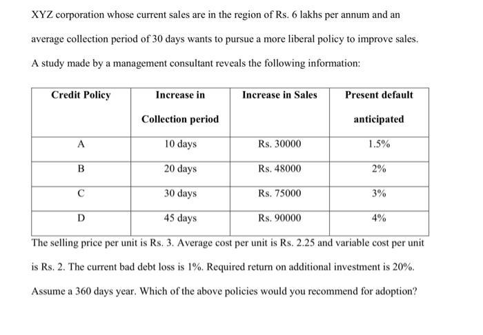 XYZ corporation whose current sales are in the region of Rs. 6 lakhs per annum and an average collection