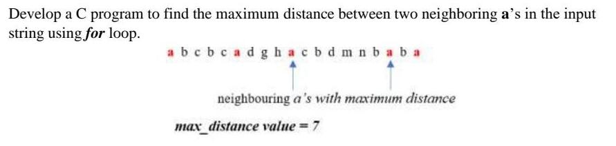 Develop a C program to find the maximum distance between two neighboring a's in the input string using for
