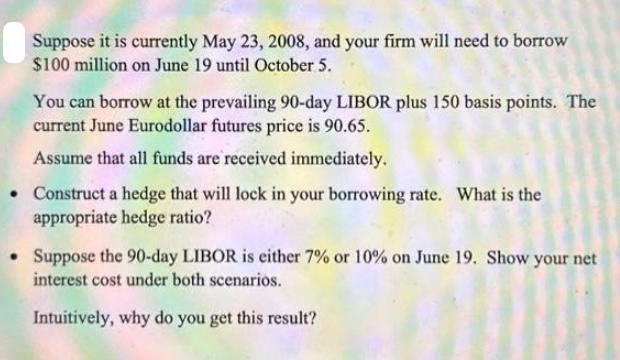 Suppose it is currently May 23, 2008, and your firm will need to borrow $100 million on June 19 until October