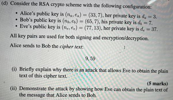 (d) Consider the RSA crypto scheme with the following configuration: =  Alice's public key is (na, ea) = (33,