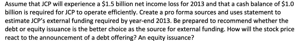 Assume that JCP will experience a $1.5 billion net income loss for 2013 and that a cash balance of $1.0