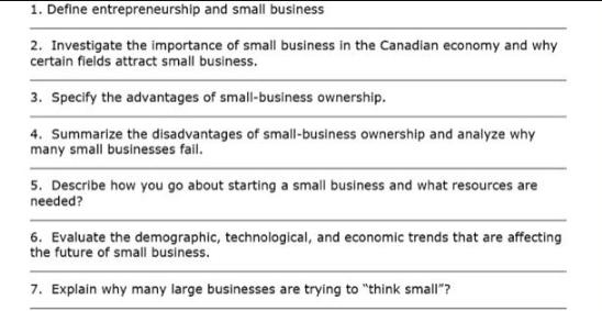 1. Define entrepreneurship and small business 2. Investigate the importance of small business in the Canadian