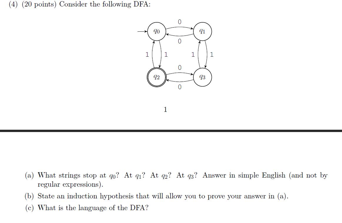 (4) (20 points) Consider the following DFA: 1 90 92 1 1 o 0 0 1 91 93 1 (a) What strings stop at qo? At q? At