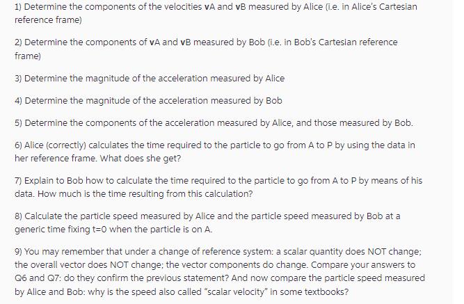 1) Determine the components of the velocities VA and vB measured by Alice (i.e. in Alice's Cartesian