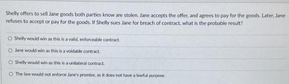 Shelly offers to sell Jane goods both parties know are stolen. Jane accepts the offer, and agrees to pay for