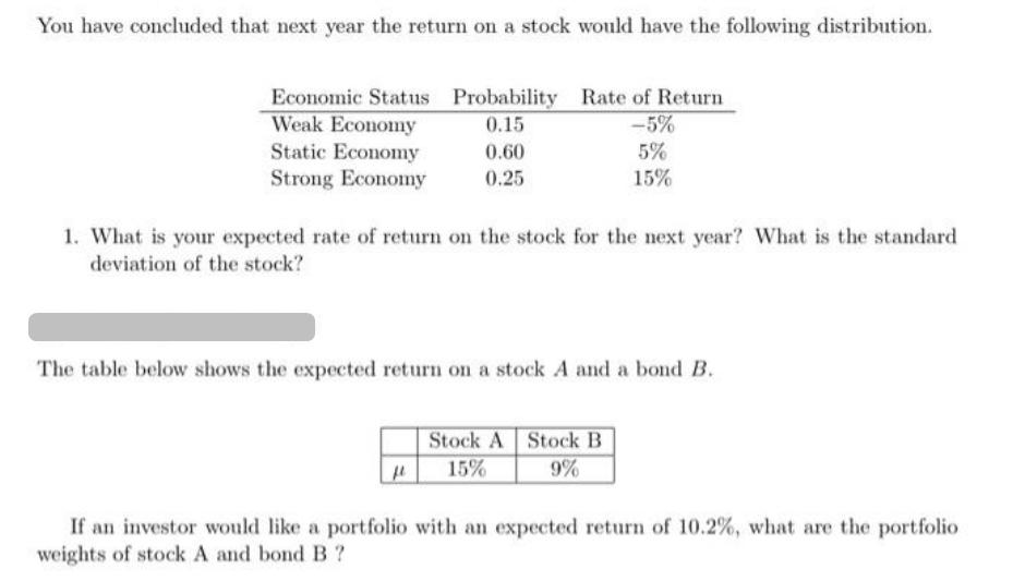 You have concluded that next year the return on a stock would have the following distribution. Economic