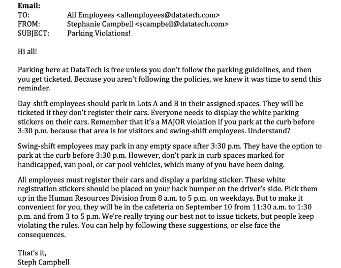 Email: TO: FROM: SUBJECT: Hi all! All Employees Stephanie Campbell Parking Violations! Parking here at