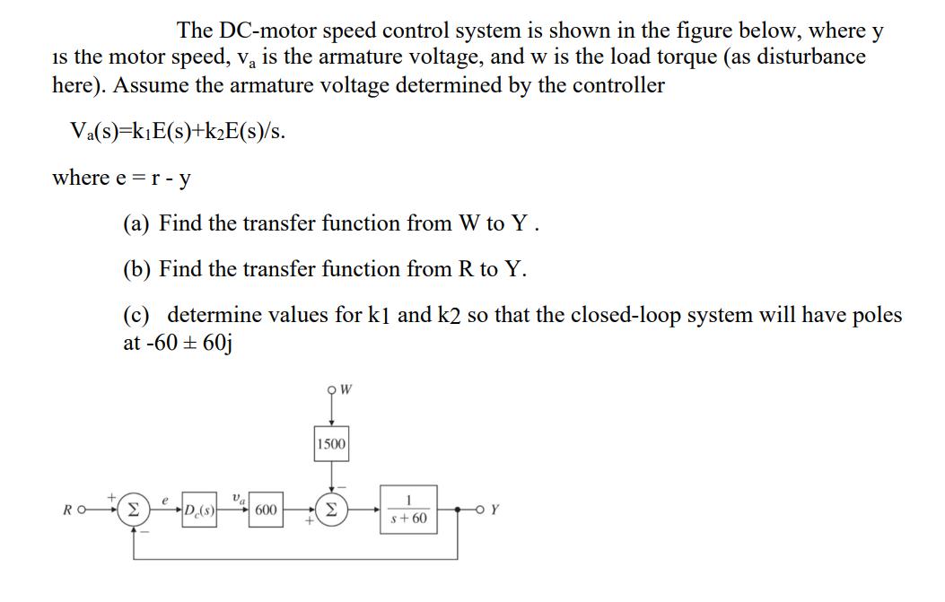 The DC-motor speed control system is shown in the figure below, where y is the motor speed, va is the