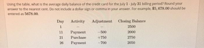 Using the table, what is the average daily balance of the credit card for the July 1 - July 31 billing