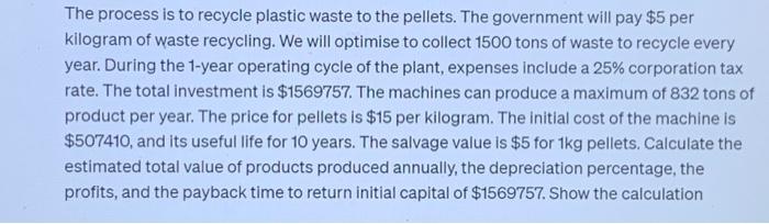 The process is to recycle plastic waste to the pellets. The government will pay $5 per kilogram of waste
