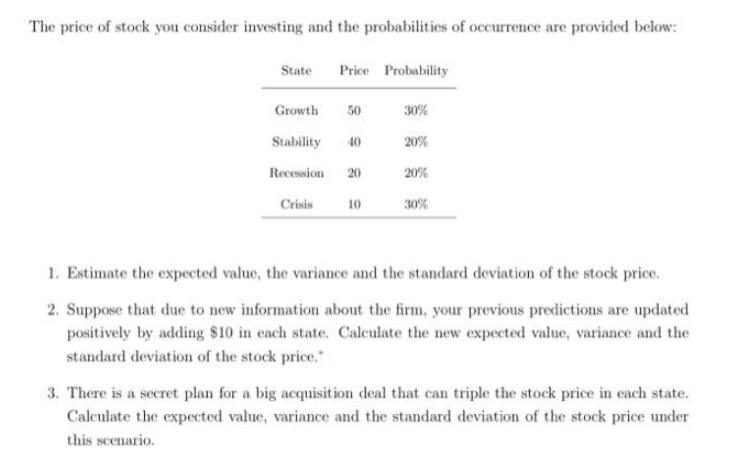 The price of stock you consider investing and the probabilities of occurrence are provided below: State Price