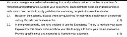 You are a manager in a mid-sized marketing firm, and you have noticed a decline in your team's motivation and