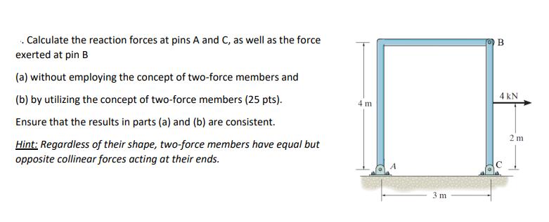 . Calculate the reaction forces at pins A and C, as well as the force exerted at pin B (a) without employing