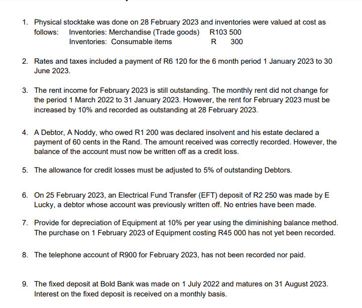 1. Physical stocktake was done on 28 February 2023 and inventories were valued at cost as follows: