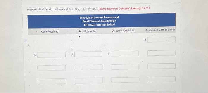 Prepare a bond amortization schedule to December 31, 2024. (Round answers to 0 decimal places, e.g. 5,275.)