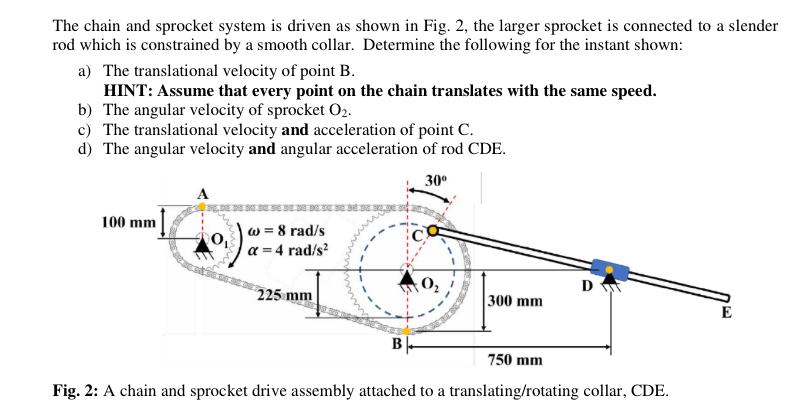 The chain and sprocket system is driven as shown in Fig. 2, the larger sprocket is connected to a slender rod