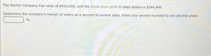 The Rachel Company has sales of $420,000, and the break-even point in sales dollars is $344,400. Determine