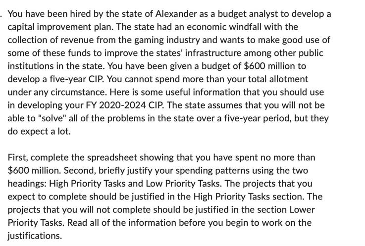 . You have been hired by the state of Alexander as a budget analyst to develop a capital improvement plan.