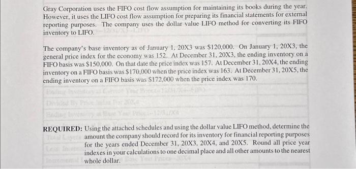 Gray Corporation uses the FIFO cost flow assumption for maintaining its books during the year. However, it