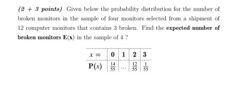 (2+3 points) Given below the probability distribution for the number of broken monitors in the sample of four