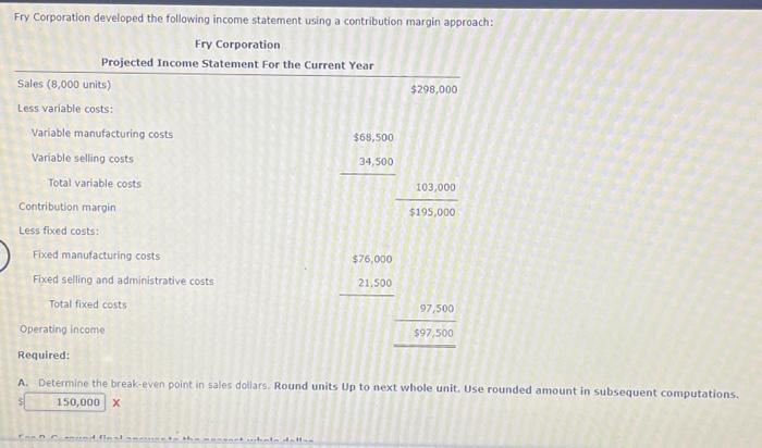 Fry Corporation developed the following income statement using a contribution margin approach: Fry