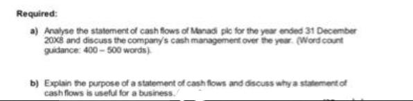 Required: a) Analyse the statement of cash flows of Manadi pic for the year ended 31 December 20x8 and