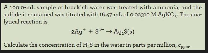 A 100.0-mL sample of brackish water was treated with ammonia, and the sulfide it contained was titrated with
