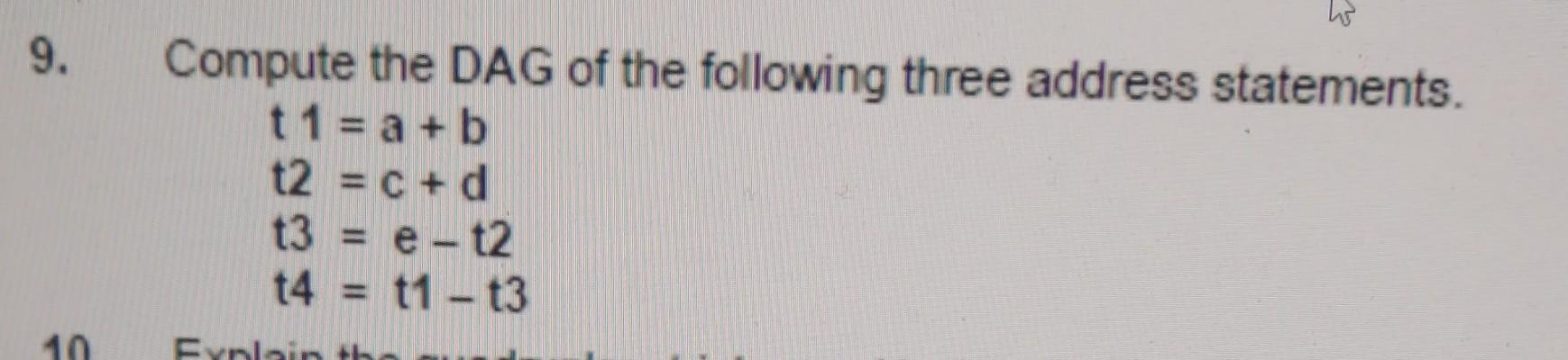 9. 10 Compute the DAG of the following three address statements. t1=a+b t2 = c + d t3 = e-t2 t4 = t1- t3
