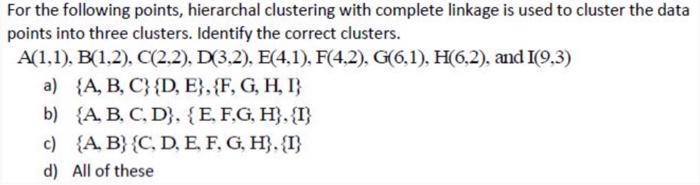 For the following points, hierarchal clustering with complete linkage is used to cluster the data points into