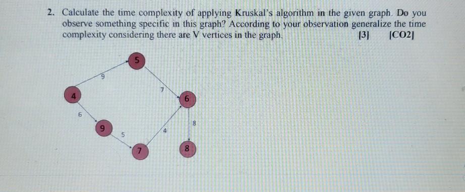 2. Calculate the time complexity of applying Kruskal's algorithm in the given graph. Do you observe something