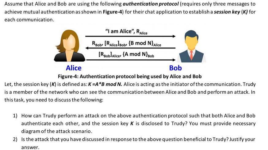 Assume that Alice and Bob are using the following authentication protocol (requires only three messages to