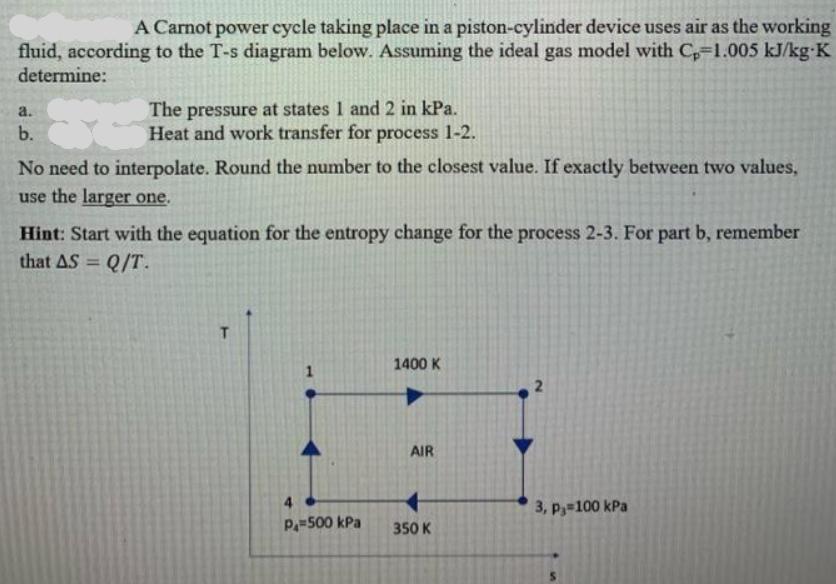 A Carnot power cycle taking place in a piston-cylinder device uses air as the working fluid, according to the