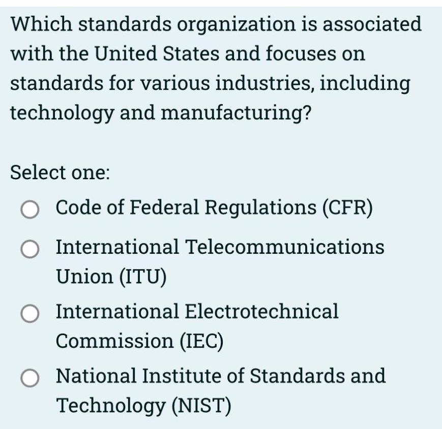 Which standards organization is associated with the United States and focuses on standards for various