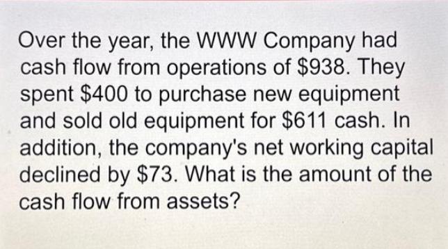 Over the year, the WWW Company had cash flow from operations of $938. They spent $400 to purchase new