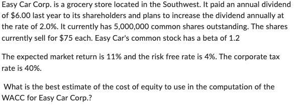 Easy Car Corp. is a grocery store located in the Southwest. It paid an annual dividend of $6.00 last year to