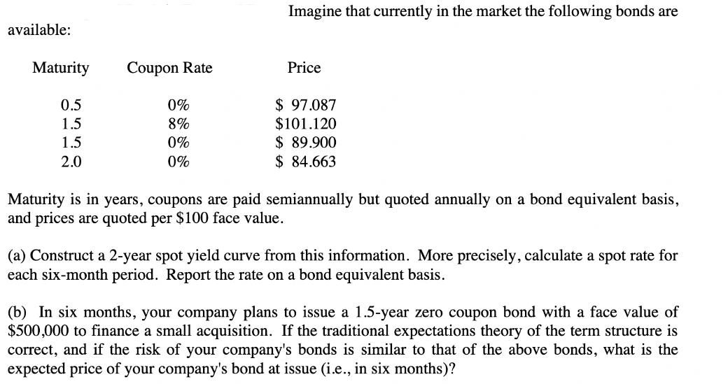 available: Maturity 0.5 1.5 1.5 2.0 Coupon Rate 0% 8% 0% 0% Imagine that currently in the market the