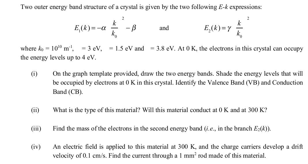 Two outer energy band structure of a crystal is given by the two following E-k expressions: (ii) (iii) E(k)=-